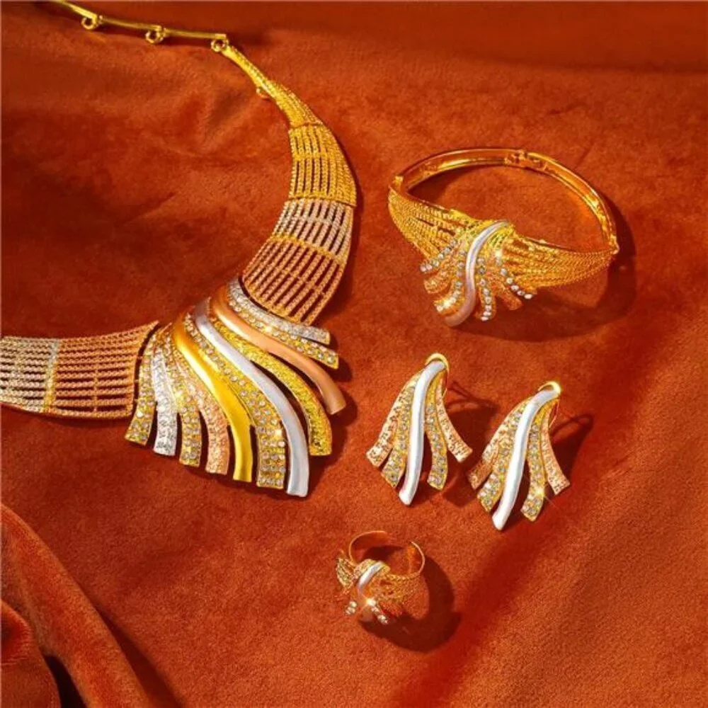 Gold, Rose Gold & Silver Wave Jewelry Set – Necklace, Bracelet, Earrings & Ring